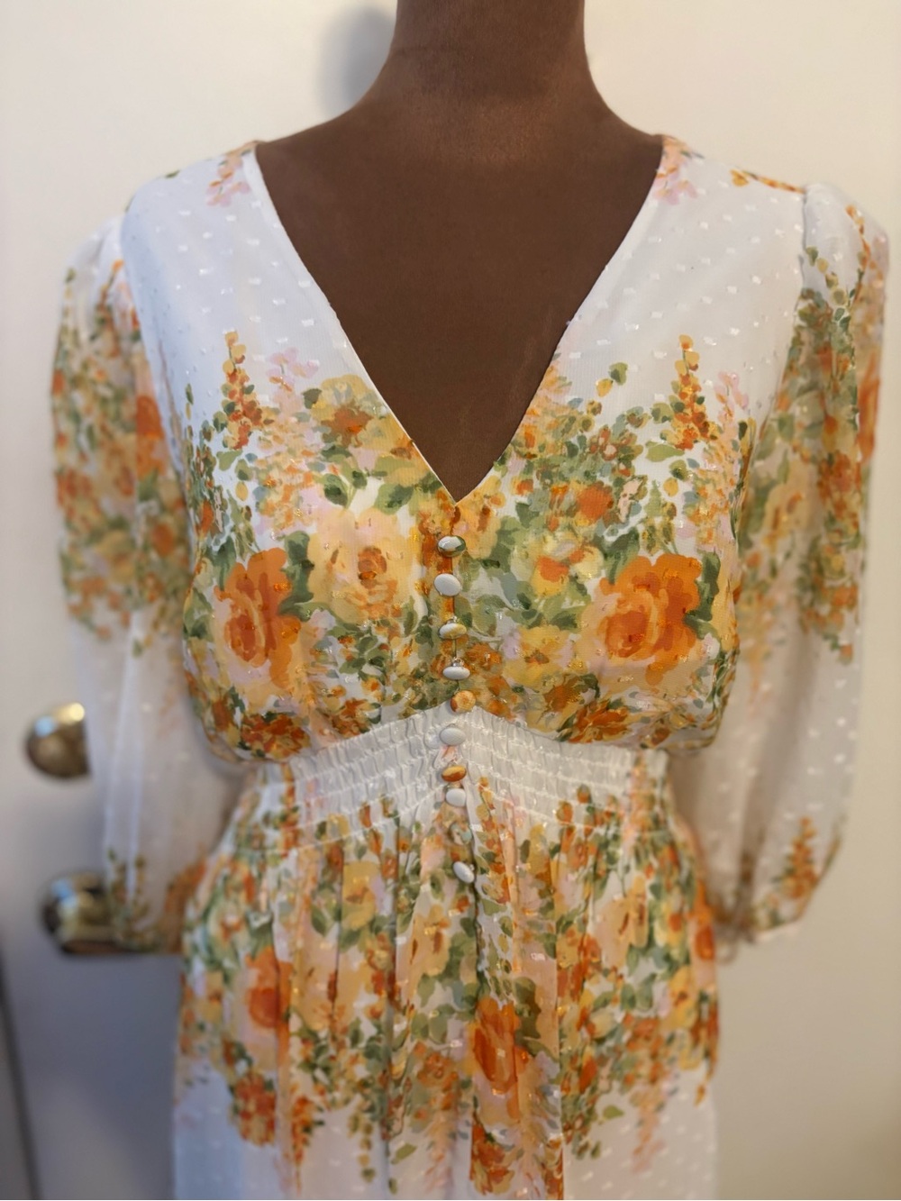 Melonie Women Sz 12 Floral buttoned smocked tie balloon sleeve V-Neck Maxi Dress - Picture 3 of 12